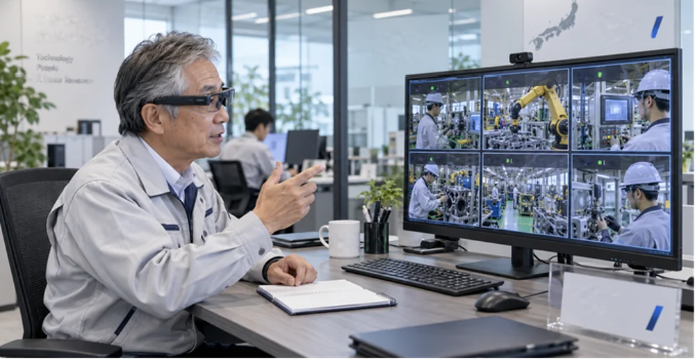 本部の熟練者が複数の作業員の目線映像を見ながら遠隔支援するイメージ